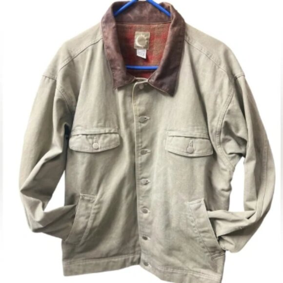 VTG Carhartt Utility Drill Chore Barn Jacket Mens XL Khaki Denim Coat Leather - Picture 1 of 5